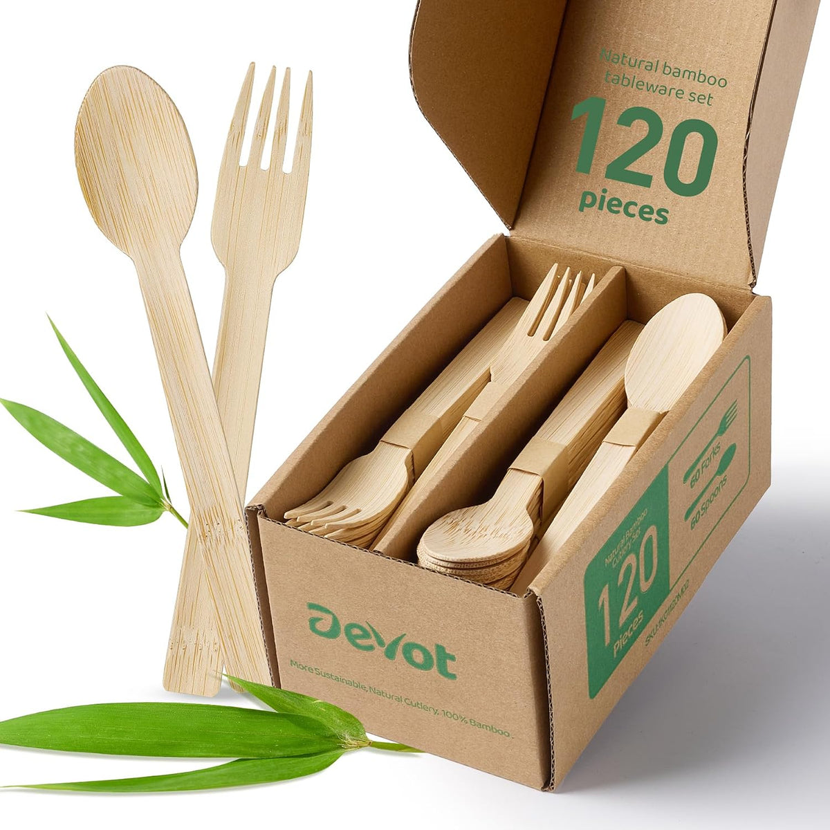 100% Bamboo Disposable Cutlery Set - 120 Mix (60 Forks,60 Spoons)