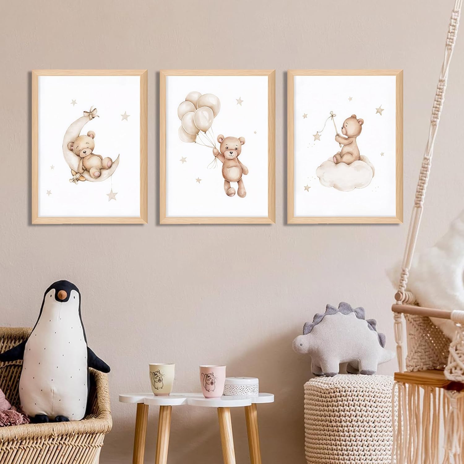 Framed Teddy Bear Wall Art Nursery Decor Set of 3, Bear Sleeping on The Moon and Stars Pictures Canvas, Neutral Bears