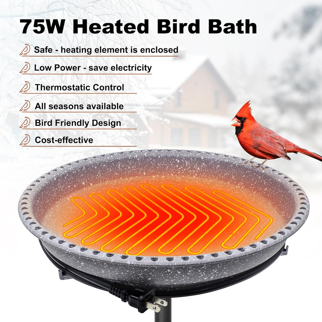 Heated Bird Bath, Stable 5-Prong Metal Base Thermostat Control Weather Resistance All Seasons Available 75W Heated