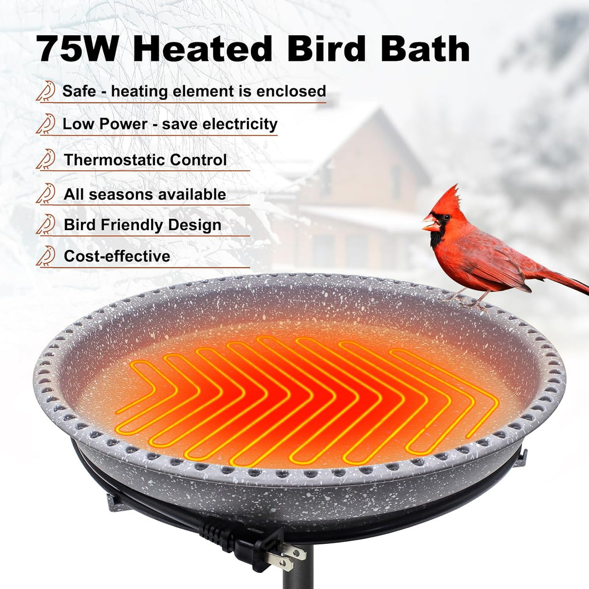 Heated Bird Bath, Stable 5-Prong Metal Base Thermostat Control Weather Resistance All Seasons Available 75W Heated