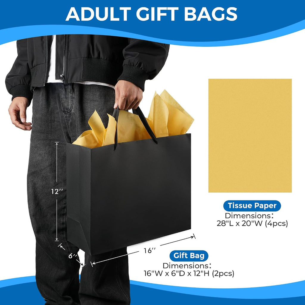2Pcs Extra Large Black Gift Bags With Gold Tissue Paper