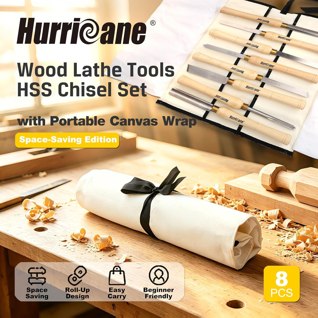 8pc Wood Lathe Chisel Set, M2 HSS Wood Turning Tools with 10" Solid Hardwood Handles, Lathe Tool Kit for Beginners