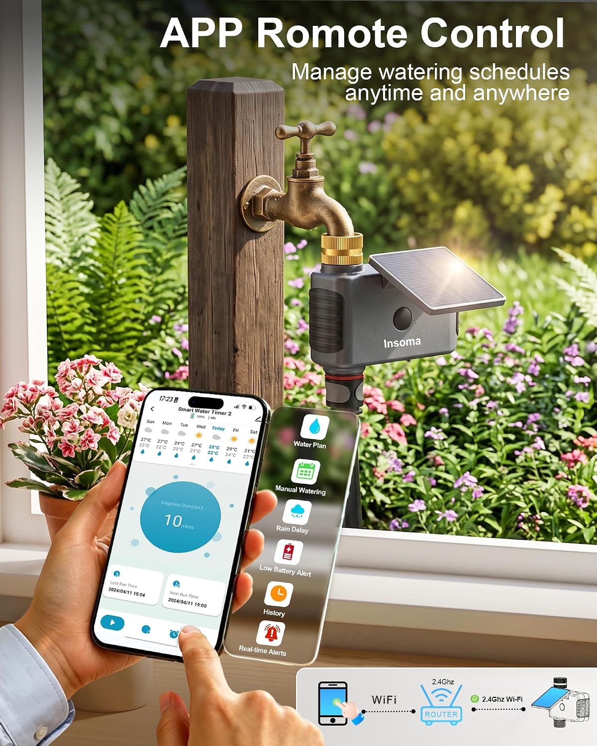 Solar WiFi Water Timer, 1 Zone WiFi Hose Timer for Garden Faucet | 2.4GHz Smart Sprinkler Timers, Up to 20 Watering