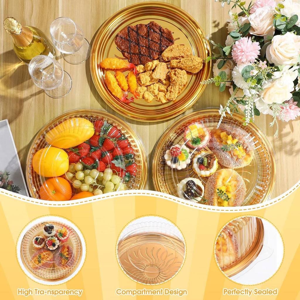 12 Pack Plastic Catering Trays with Lids, 16 Inch Round Gold