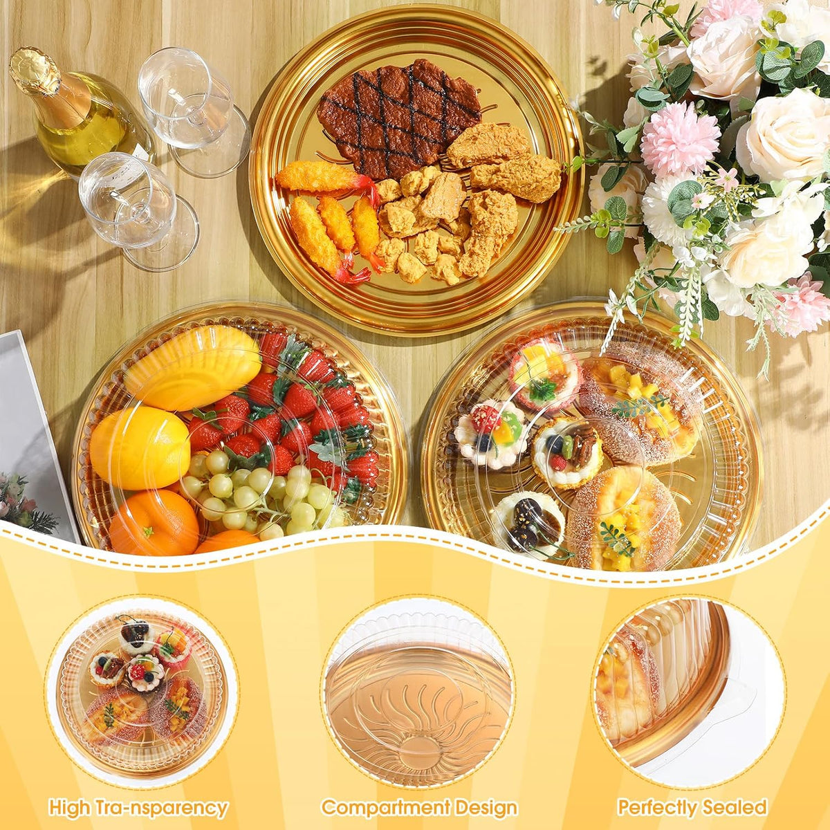 12 Pack Plastic Catering Trays with Lids, 16 Inch Round Gold