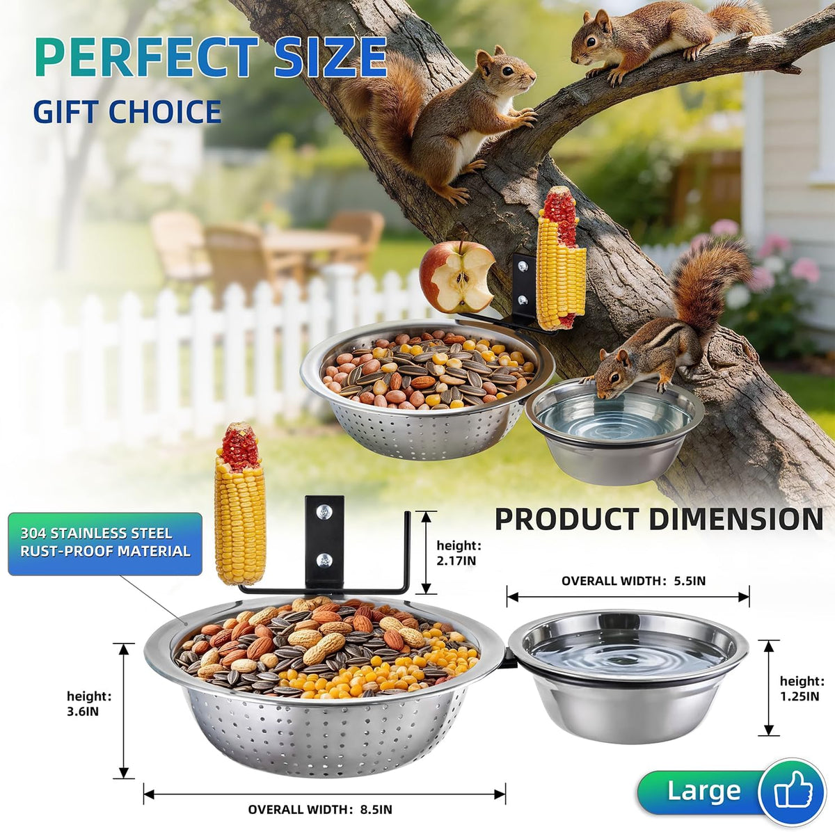 2 Bowls Squirrel Food&Water Feeder, Metal Chew-proof Squirrel Feeders for Outside, Picnic Table with 2 Corn Cob