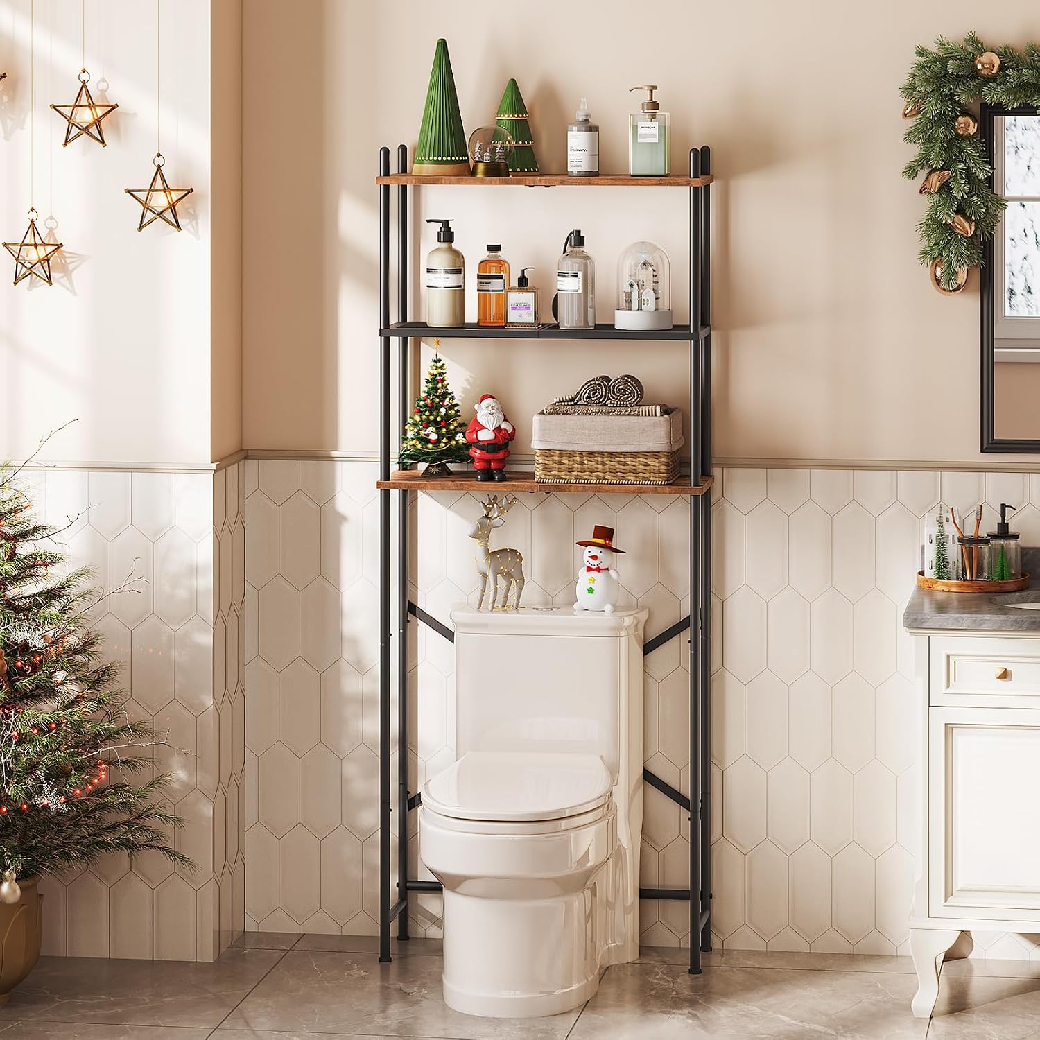 Over the Toilet Storage, 3-Tier Over Toilet Bathroom Organizer, Freestanding Above Toilet Shelf with Adjustable Feet