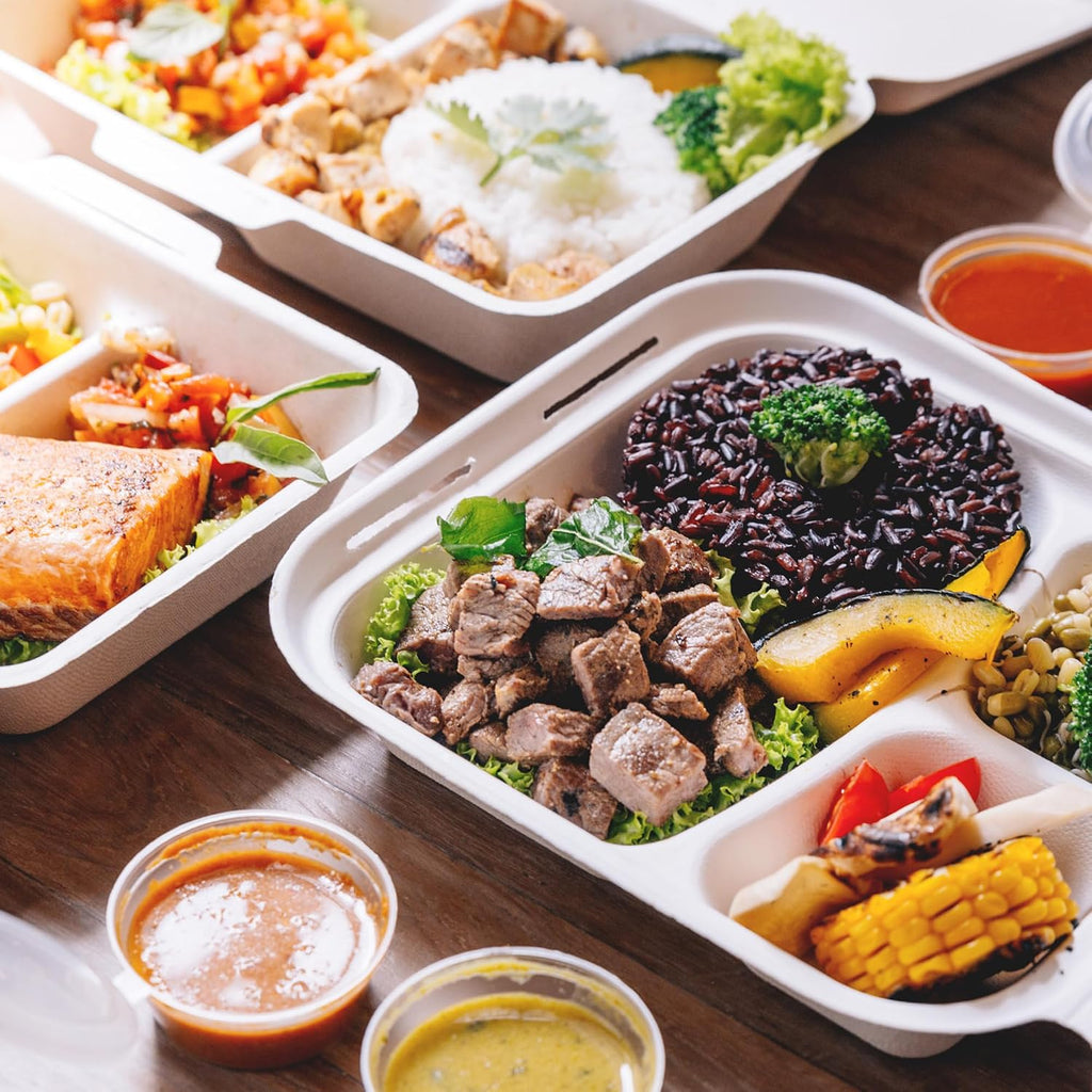 Compostable Clamshell Food Containers [8x8"] 3-Compartment 50-Pack, Disposable Containers, Biodegradable Sugarcane to