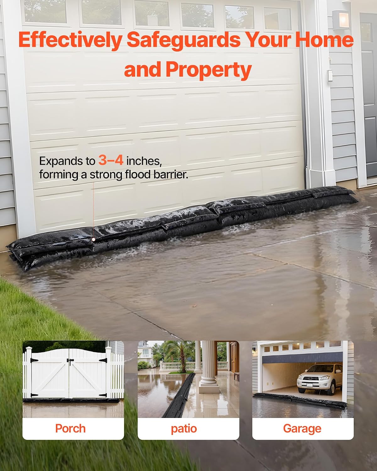 Flood Barrier, 4 Pack, 5 x 0.7 ft Flood Bags Activated by Water, Water Absorbent Barrier, Sandless Sandbags Blockage