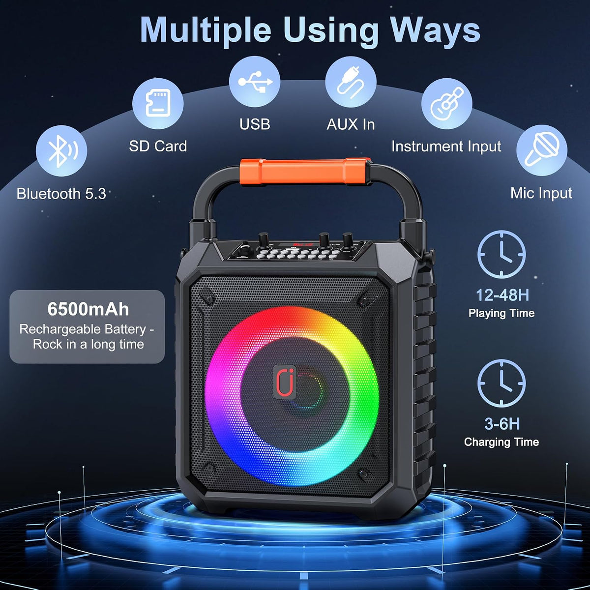 Karaoke Machine for Adults & Kids with 2 Wireless Microphones, Portable Bluetooth Speaker with LED Lights, Supports