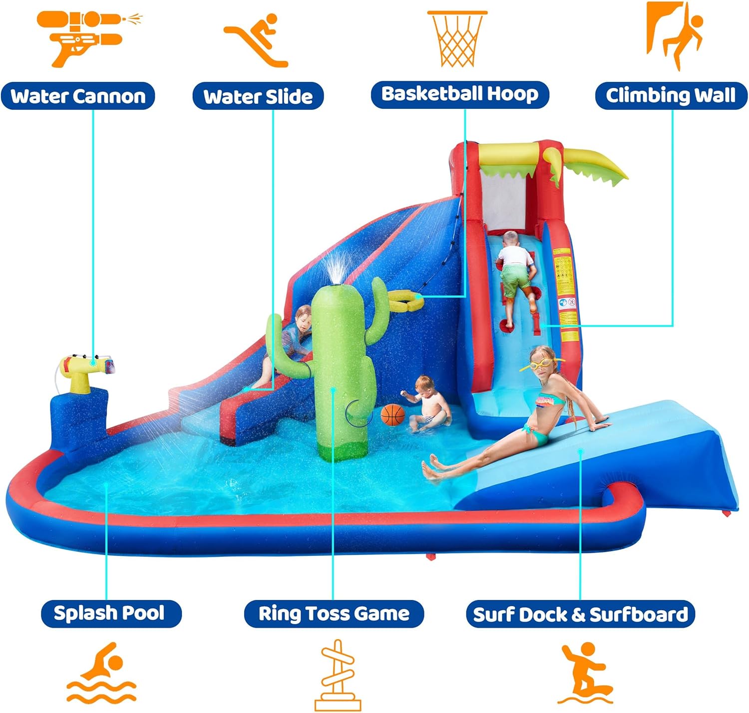 Yaheetech Inflatable Bounce House, Blow Up Water Slide Park Castle for Kids Aged 3-10 w/Splash Pool, Water Cannon