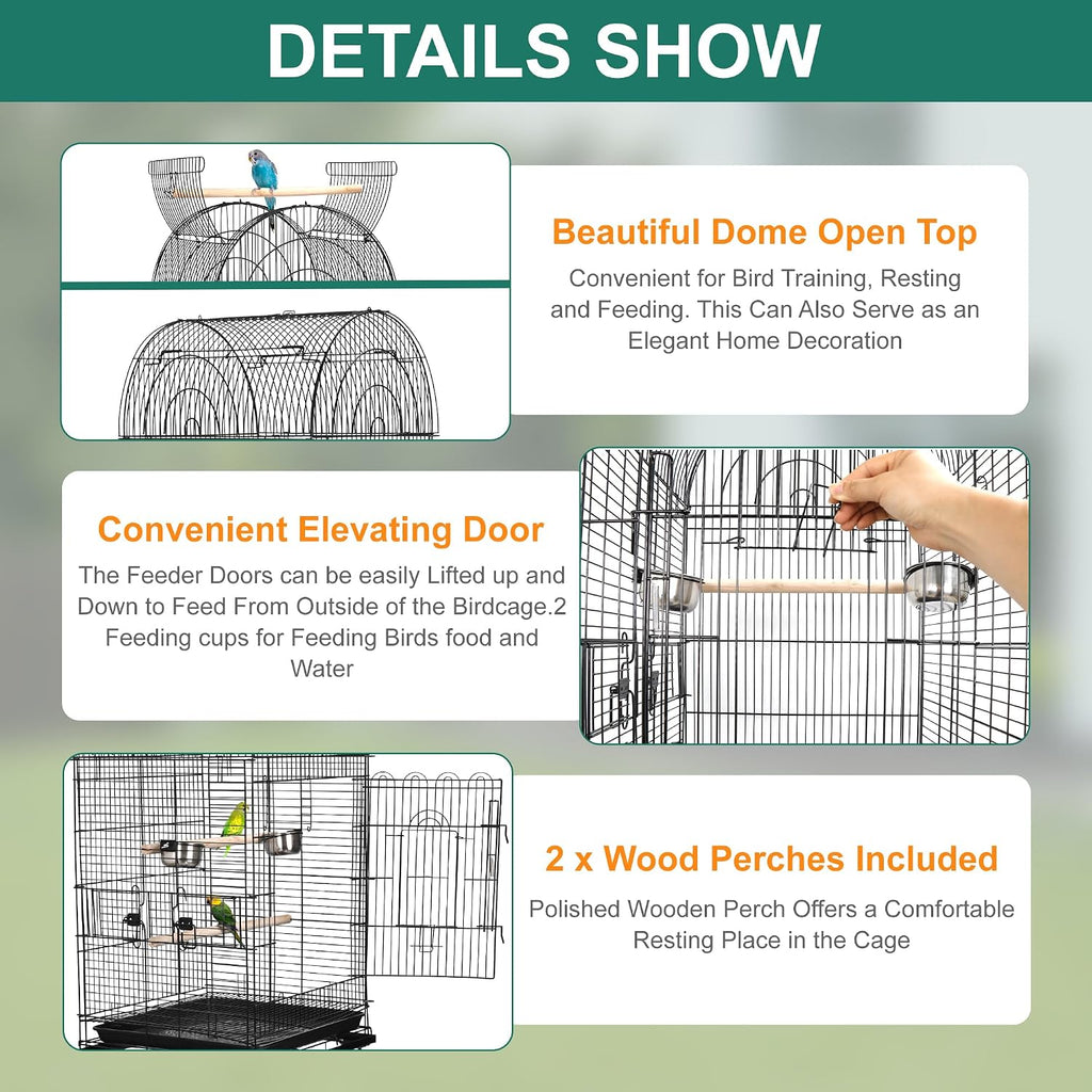 63.5 Inch Open-Top Birdcage, Wrought Iron Bird Cage with Slide-Out Tray + Detachable Rolling Stand, Pet Parrot Cage