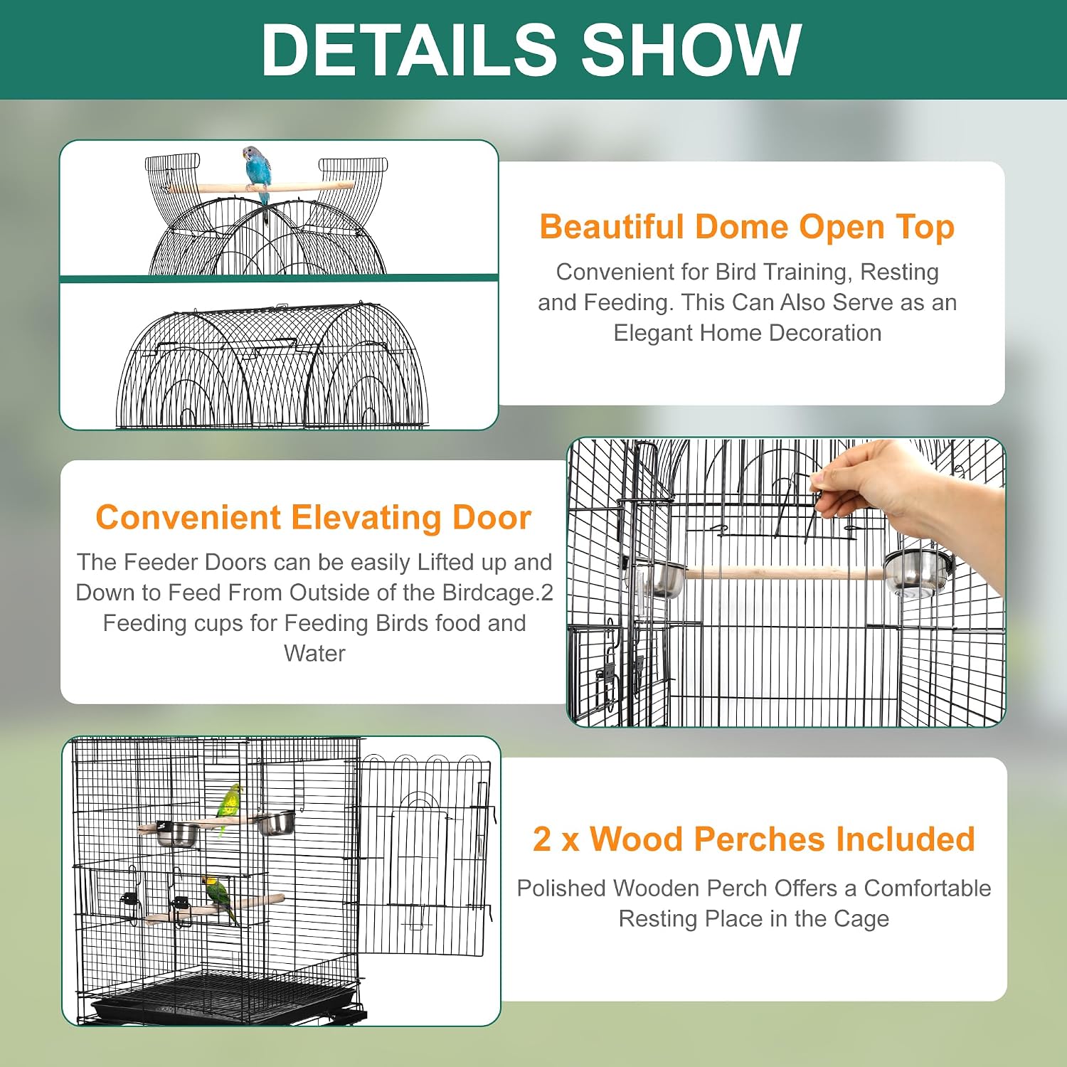 63.5 Inch Open-Top Birdcage, Wrought Iron Bird Cage with Slide-Out Tray + Detachable Rolling Stand, Pet Parrot Cage
