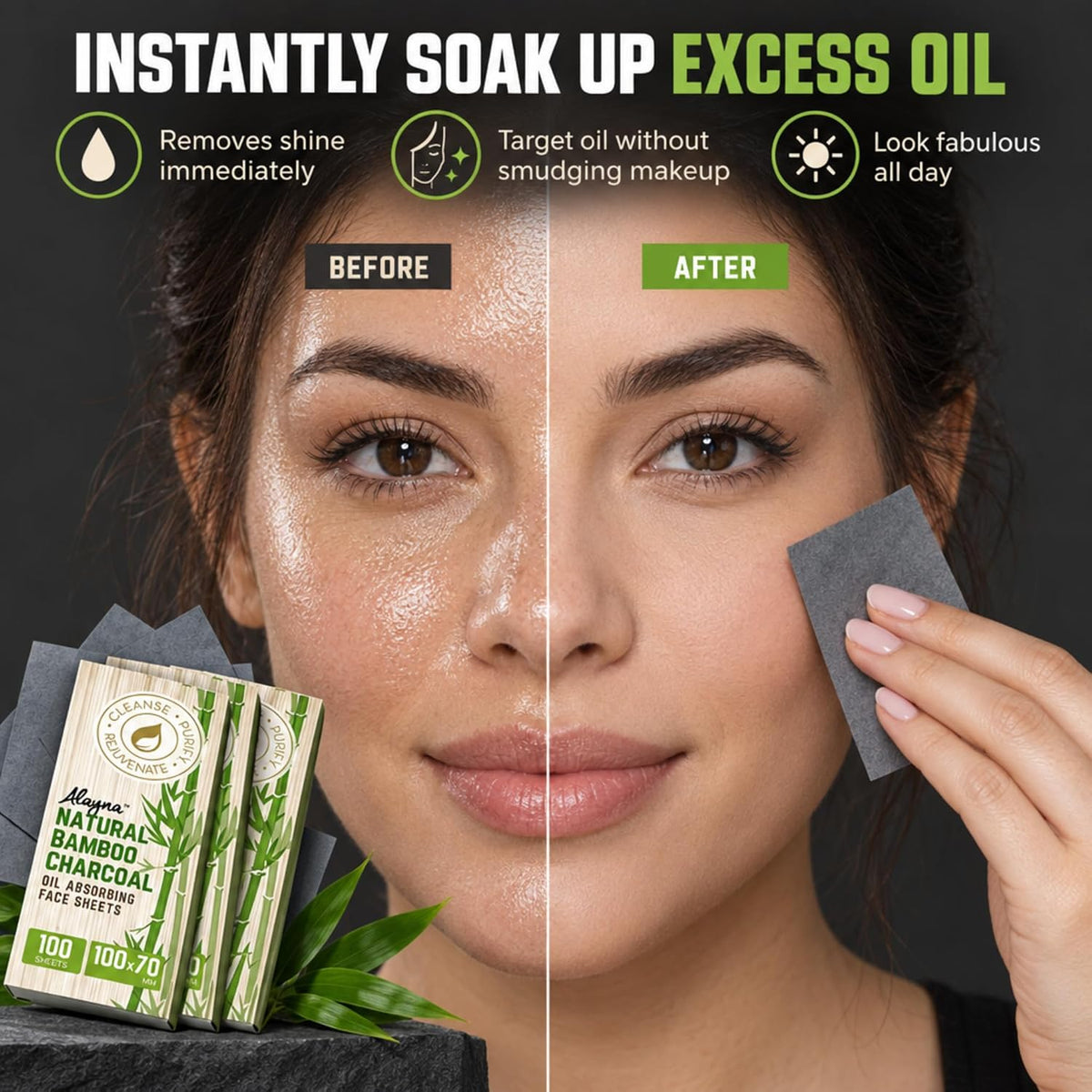 Bamboo Charcoal Oil Blotting Sheets for Face, 300 Count, 3 Pack
