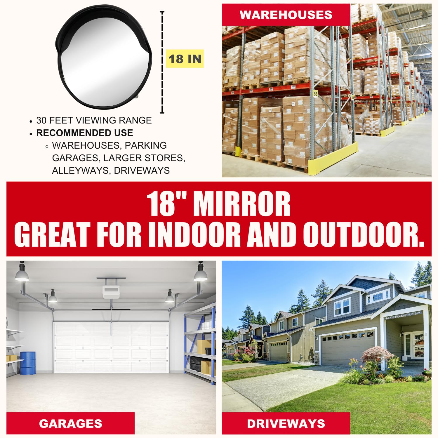 18 Inch Convex Mirror for Blind Spots - Shatterproof with Adjustable 90° Fisheye View - Outdoor and Indoor Safety