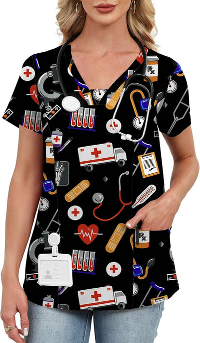 Scrub Tops for Women Black Print Nurse Symbol V Neck Nursing Uniforms Shirts with 2 Pockets Medical Instrument Printed S
