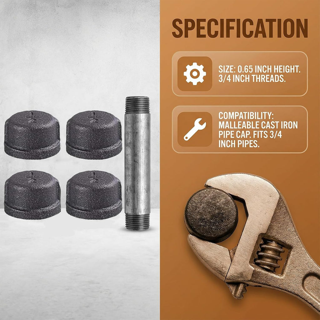 1/2" Malleable Iron Cast Pipe Fitting Cap, 4pcs