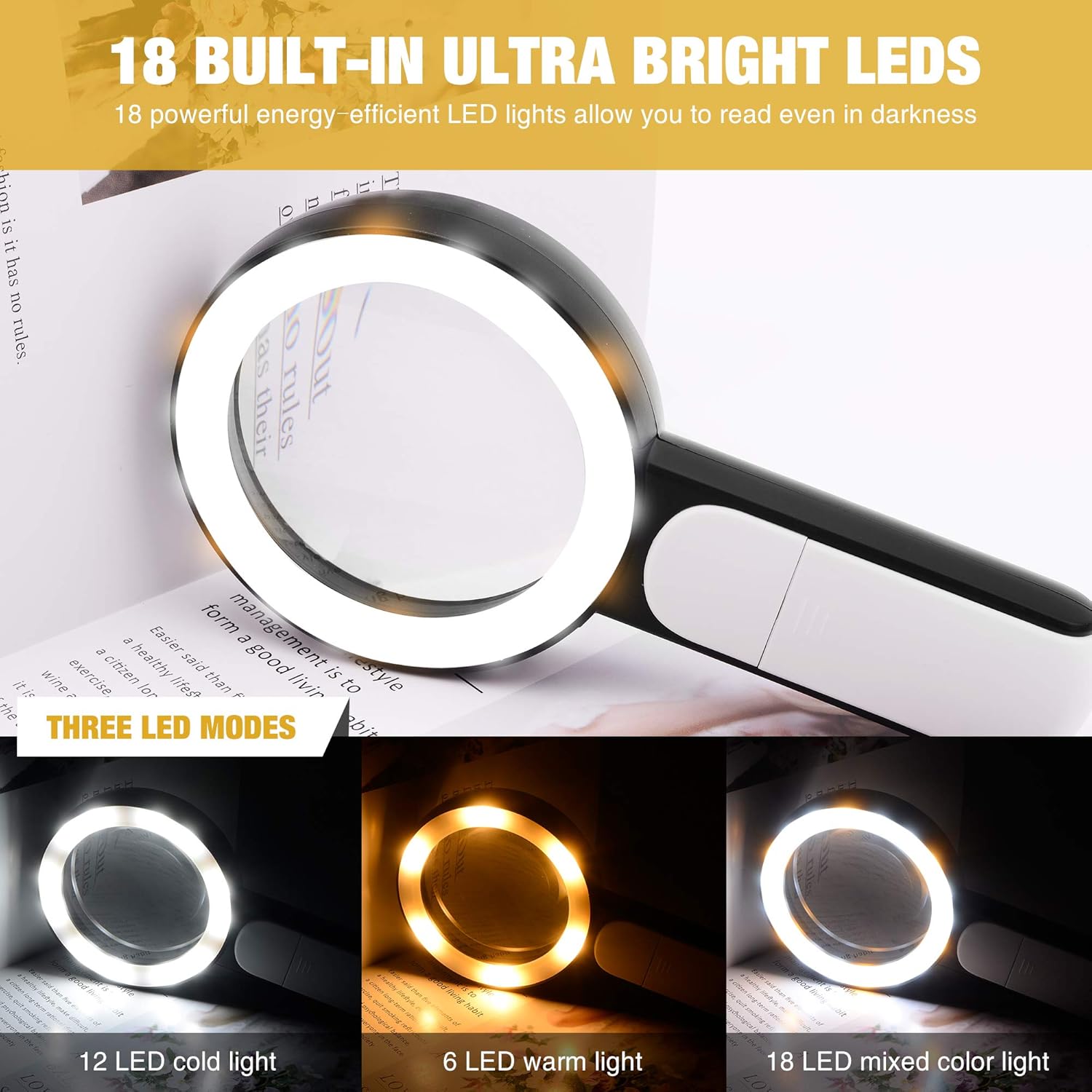 Magnifying Glass with Light, Handheld Large Magnifying Glass 18LED Cold and Warm Light with 3 Modes, Illuminated