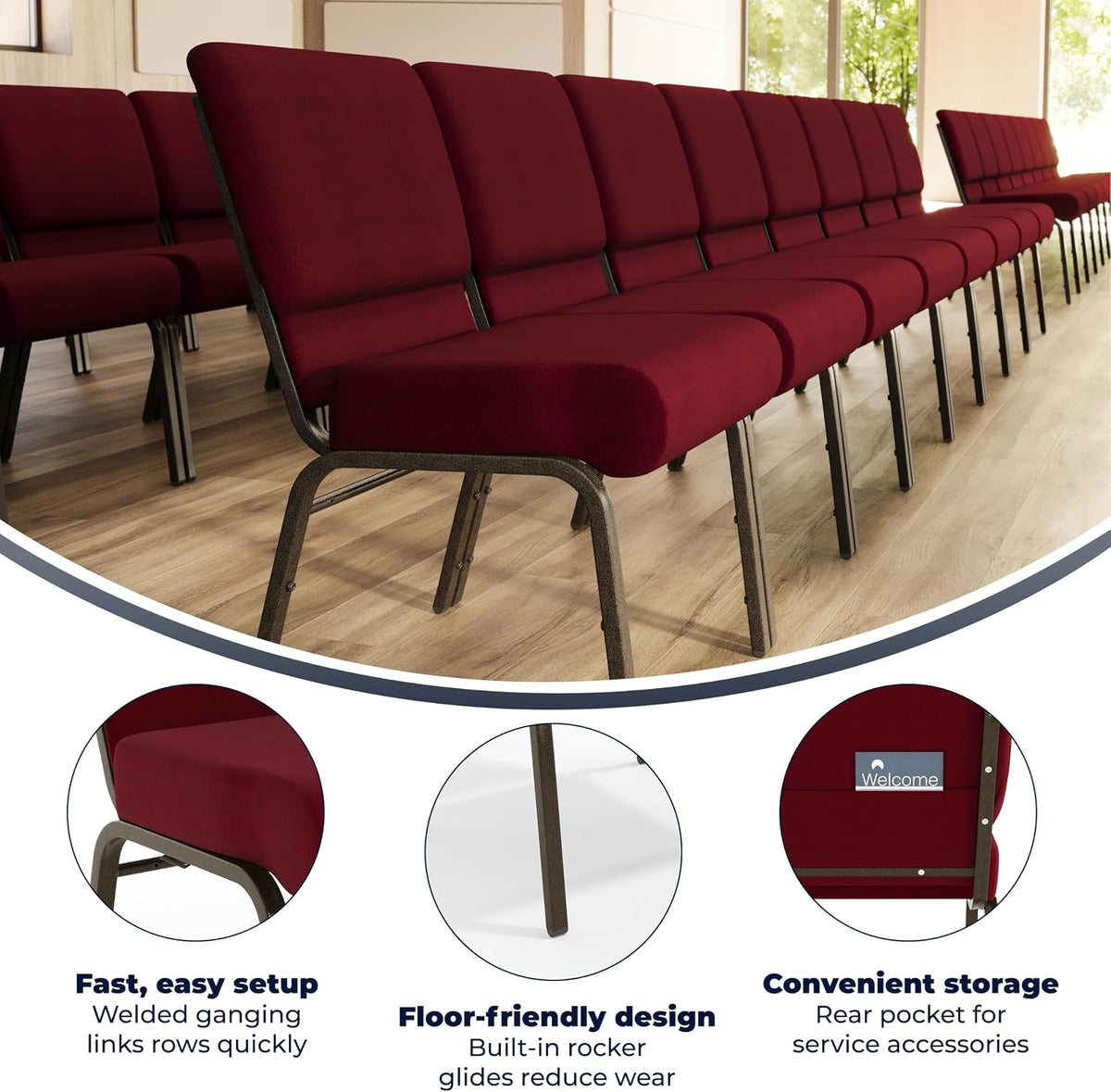 4 Pack HERCULES Series 21''W Stacking Church Chair in Burgundy Fabric - Gold Vein Frame
