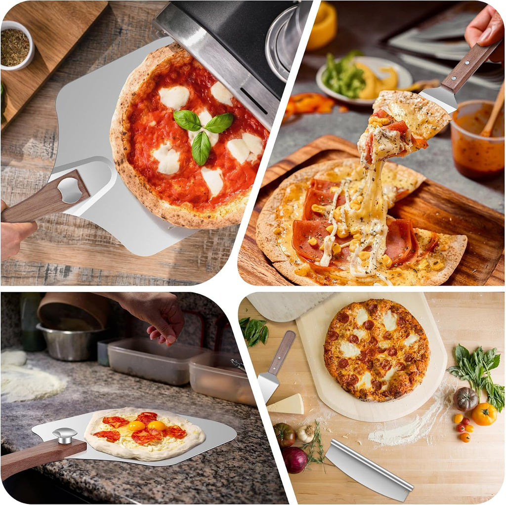 Aluminum Pizza Peel 12x14" With Foldable Wooden Handle - Metal Paddle, Rocker Cutter, and Server for Pizza Oven