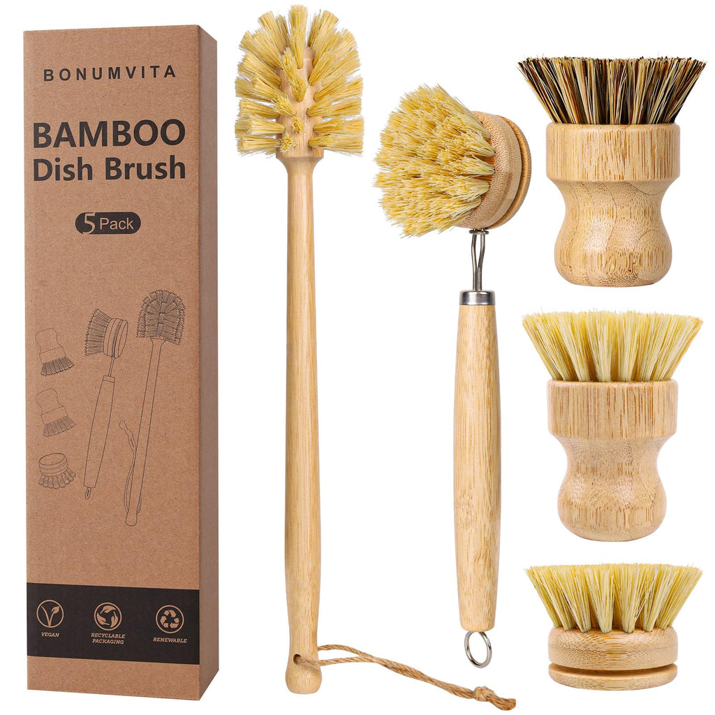 5 Pack Bamboo Dish Brush Set with 14’’ Bottle Brush