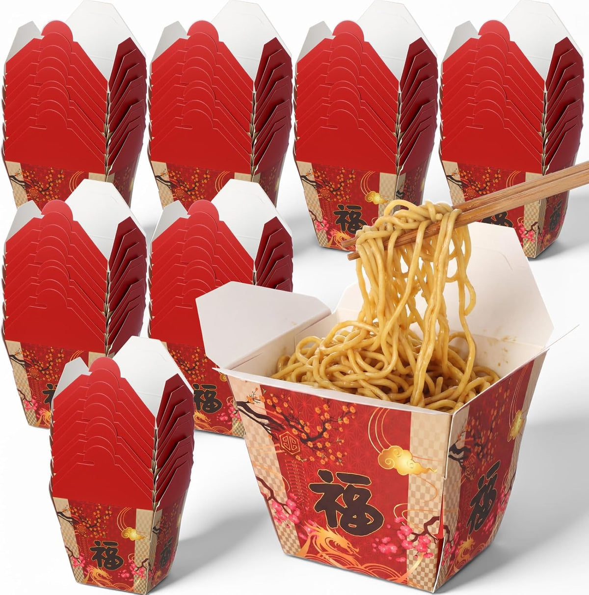 60 Pcs Chinese Fu Takeout Boxes 8oz Asian Party, Chinese Fu, Red
