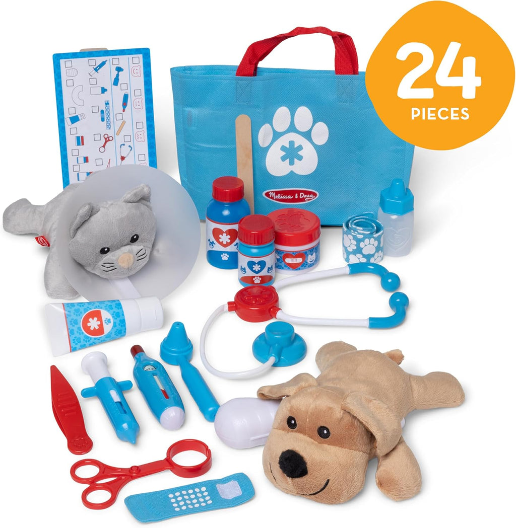 Melissa & Doug Examine and Treat Pet Vet Play Set, 24-Piece Animal Doctor Playset with Dog & Cat Plushies, Pet Doctor