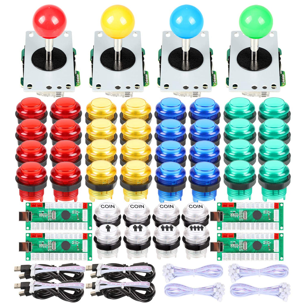 4 Player Arcade Buttons & Stick for Classic Arcade DIY Kit Parts | USB Encoder To PC Controls + 4 & 8 Way Stick + 5V