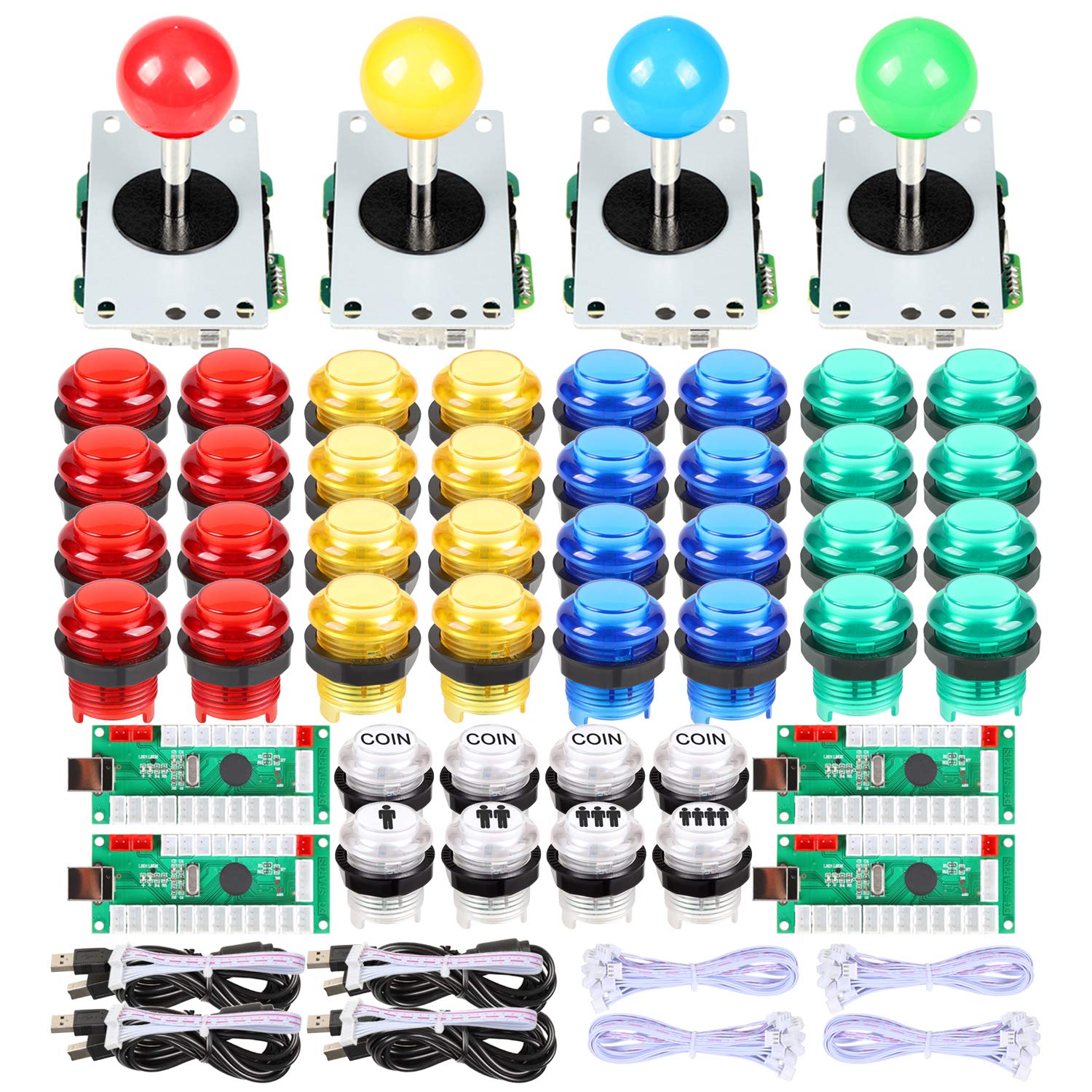 4 Player Arcade Buttons & Stick for Classic Arcade DIY Kit Parts | USB Encoder To PC Controls + 4 & 8 Way Stick + 5V