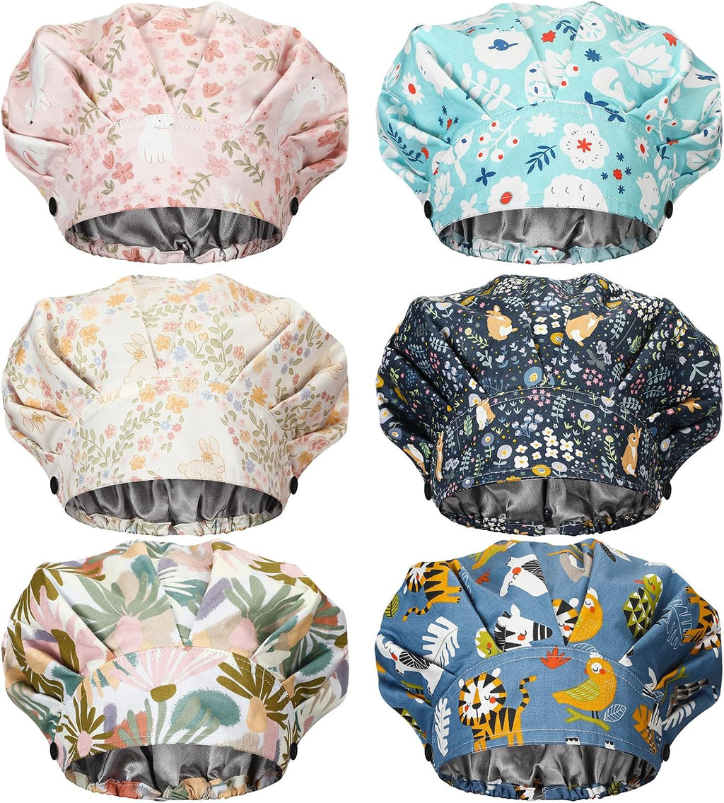 6 Pieces Bouffant Caps with Buttons Surgical Working Hats