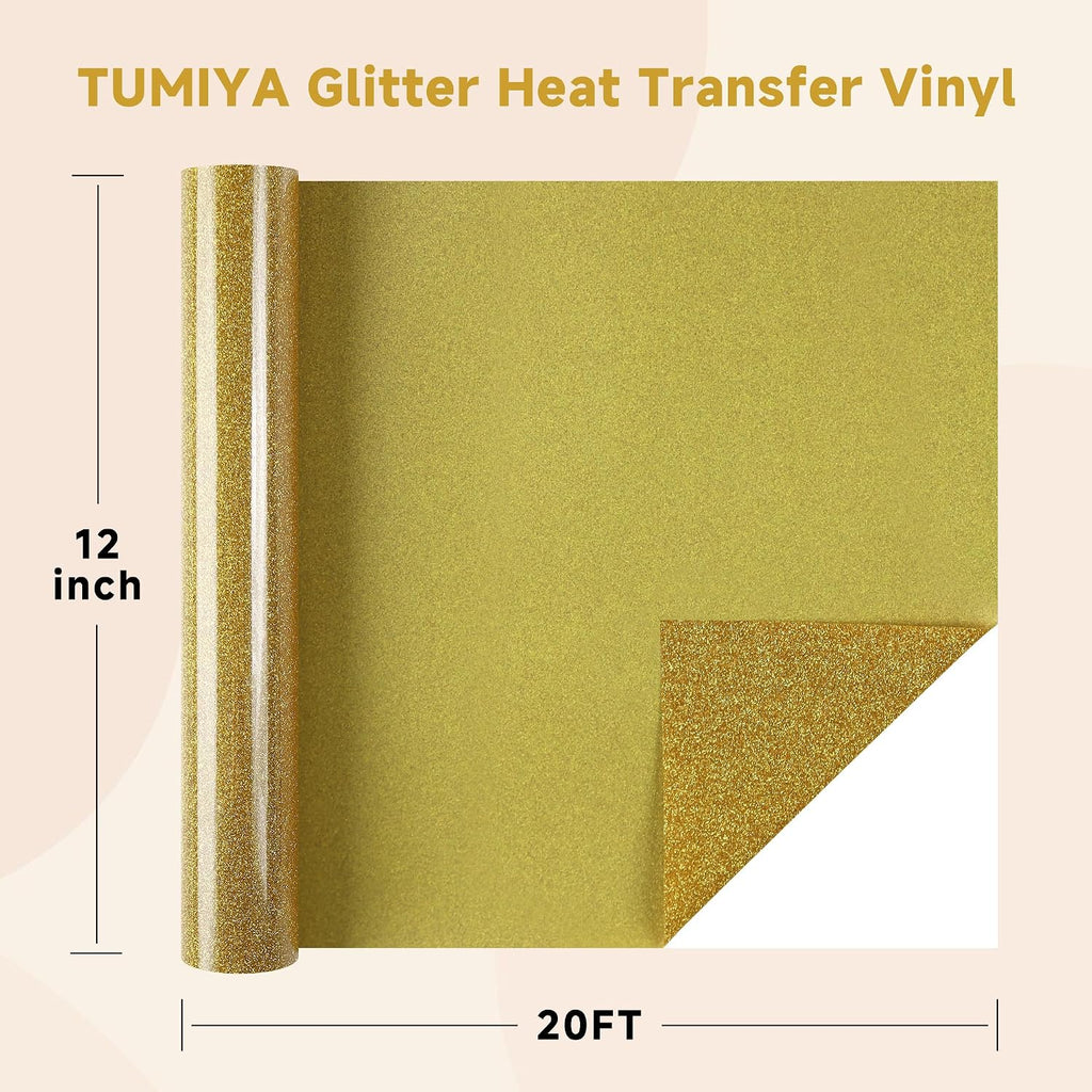 Glitter Gold HTV Vinyl - 12” x 20 Ft Glitter Heat Transfer Vinyl Rolls, Iron on Vinyl for DIY Design