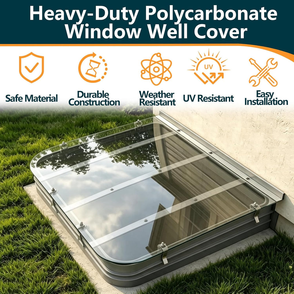 Clear Polycarbonate Basement Window Well Cover, Large Egress Window Well Cove, Heavy Duty UV Resistant Waterproof