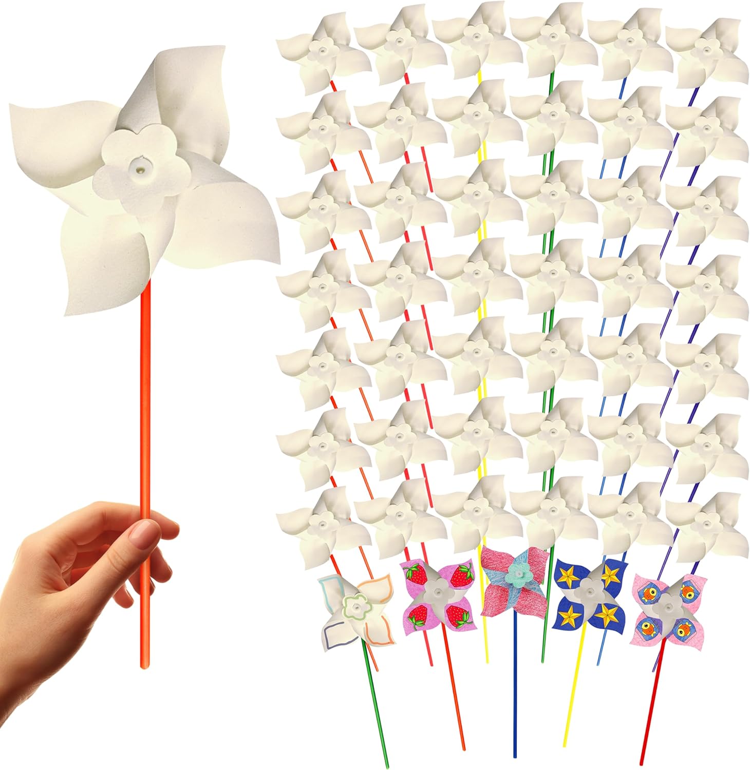 24 Pack DIY Pinwheels Craft for Kids, Bulk Summer Pinwheel Craft Kit, Color Your Own Paper Windmill Patriotic