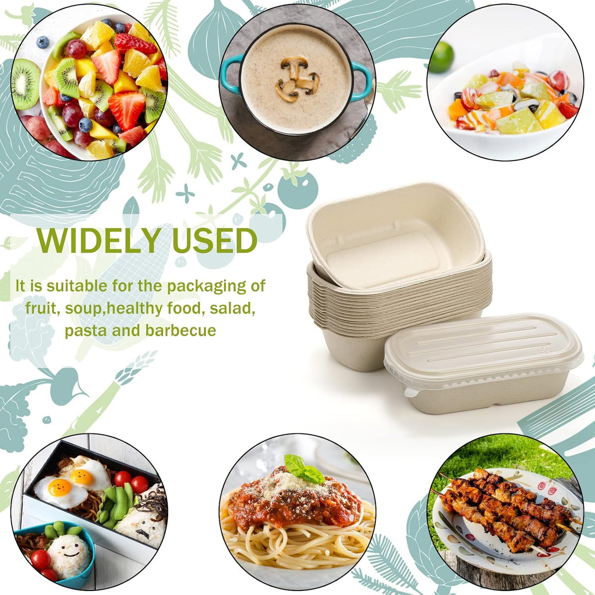 70 Pack Compostable Take Out Food Containers with PP Lid, 23 Oz Bagasse to Go Containers Rectangular Disposable Paper