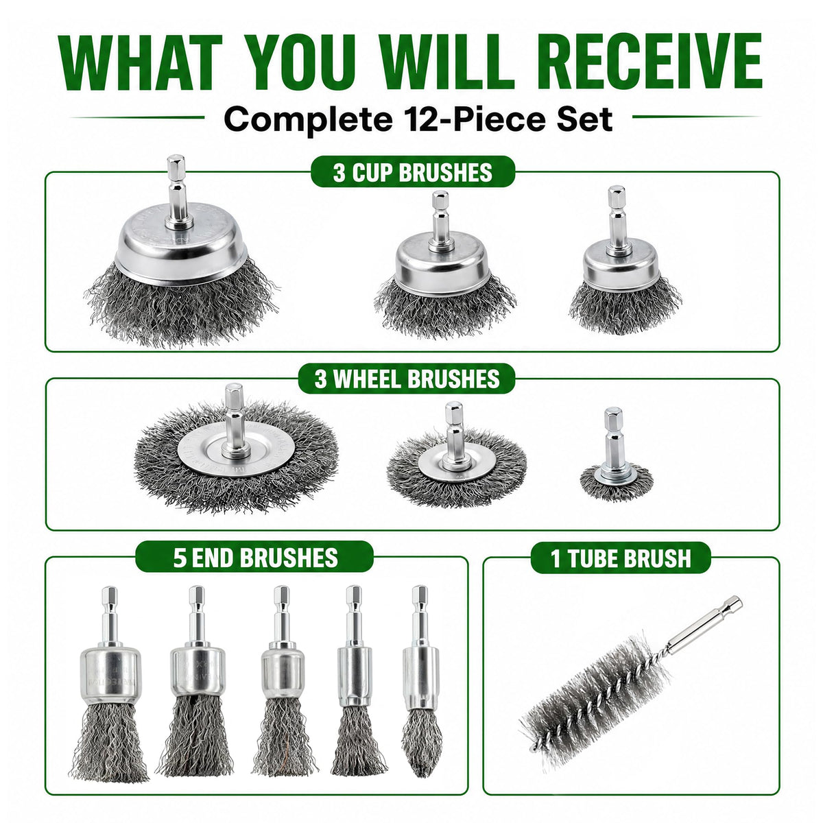12 Pcs Wire Brush for Drill Set Abrasive Wire Wheel for 1/4" Hex Shank Wire Cup Brush for Drill for Removing Paint and Rust, Metal Carbon Steel