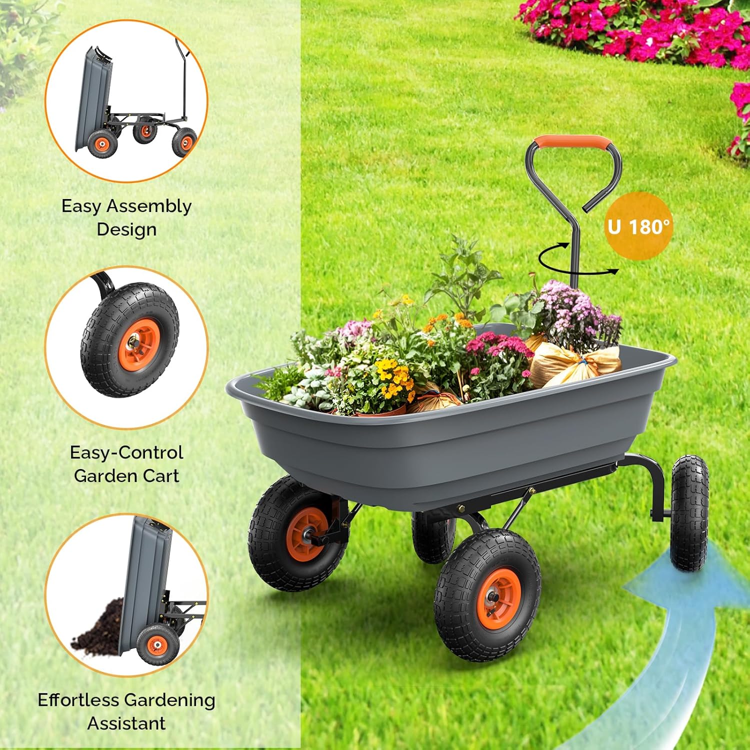 Dump Cart Wagon, 600LBS Quick-Release Dump Wheelbarrow, All-Terrain 10" Tires Garden Wagon for Yard, Lawn and Outdoor
