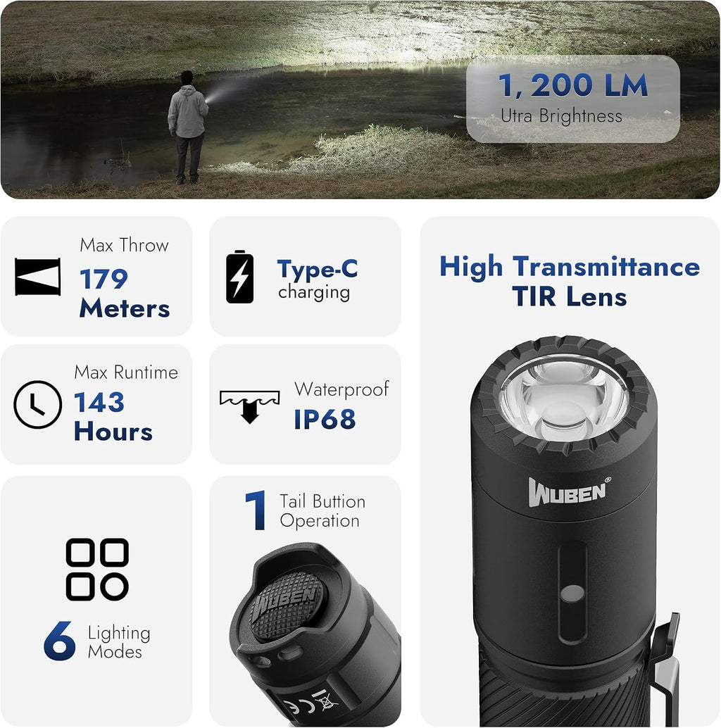 C3 Flashlight 1200 High Lumens 6 Modes Rechargeable Flashlights | Super Bright IP68 Tactical Flashlight for Camping