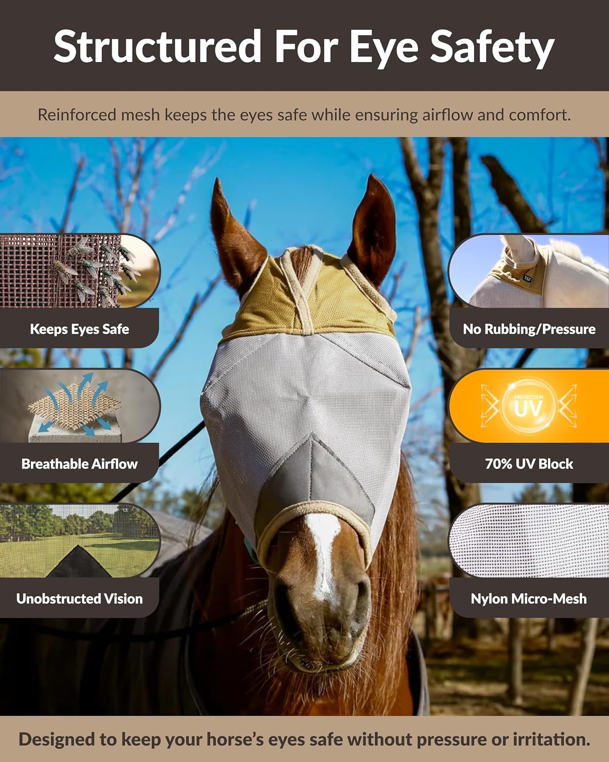 TSZ Horse Fly Mask Standard No Ears UV Block 70% Breathable Mesh Flymask