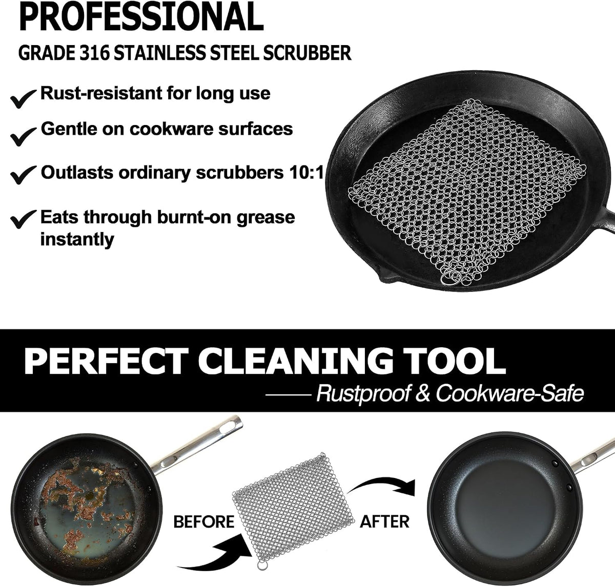 Cast Iron Chainmail Scrubber, 316L Stainless Steel Cleaner 8x6 in
