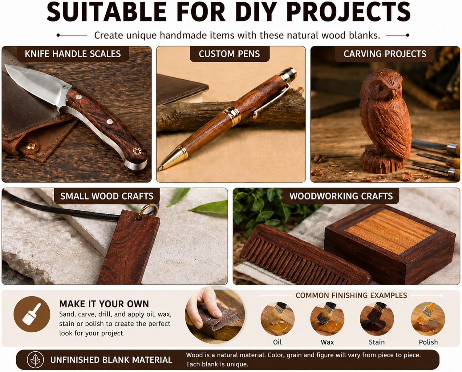 Knife Handle Material Wood Scales Blanks Kit, 4 Pieces, 4.8 x 1.6 x 0.4 in | Four unfinished natural wood blanks for