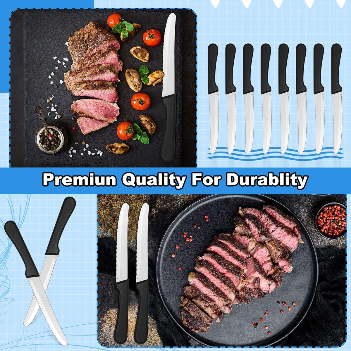 50 Pcs Steak Knives for Restaurant, 8.5 in Serrated Round Tip, Black