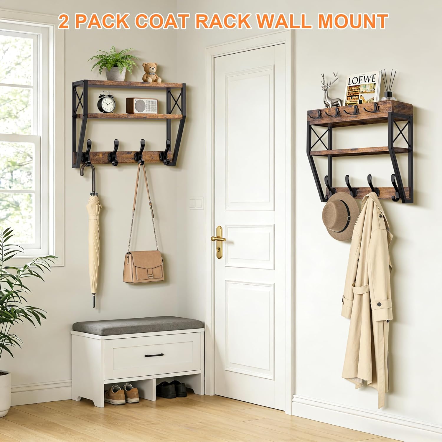 Upgraded 3-Tier Large Coat Rack Wall Mount with Shelf, 4 in 1 Versatile Coat and Key Hanger Wall Mount, 32-inch