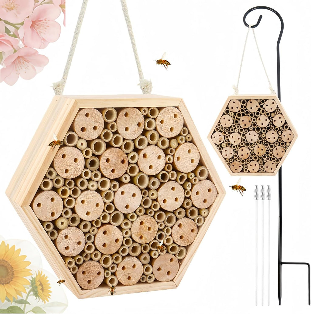 Mason Bee House, Natural Wooden Hexagon Bee House with Metal Stake & Cleaning Brush, Hanging Bees Box Habitat to