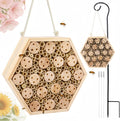Mason Bee House, Natural Wooden Hexagon Bee House with Metal Stake & Cleaning Brush, Hanging Bees Box Habitat to
