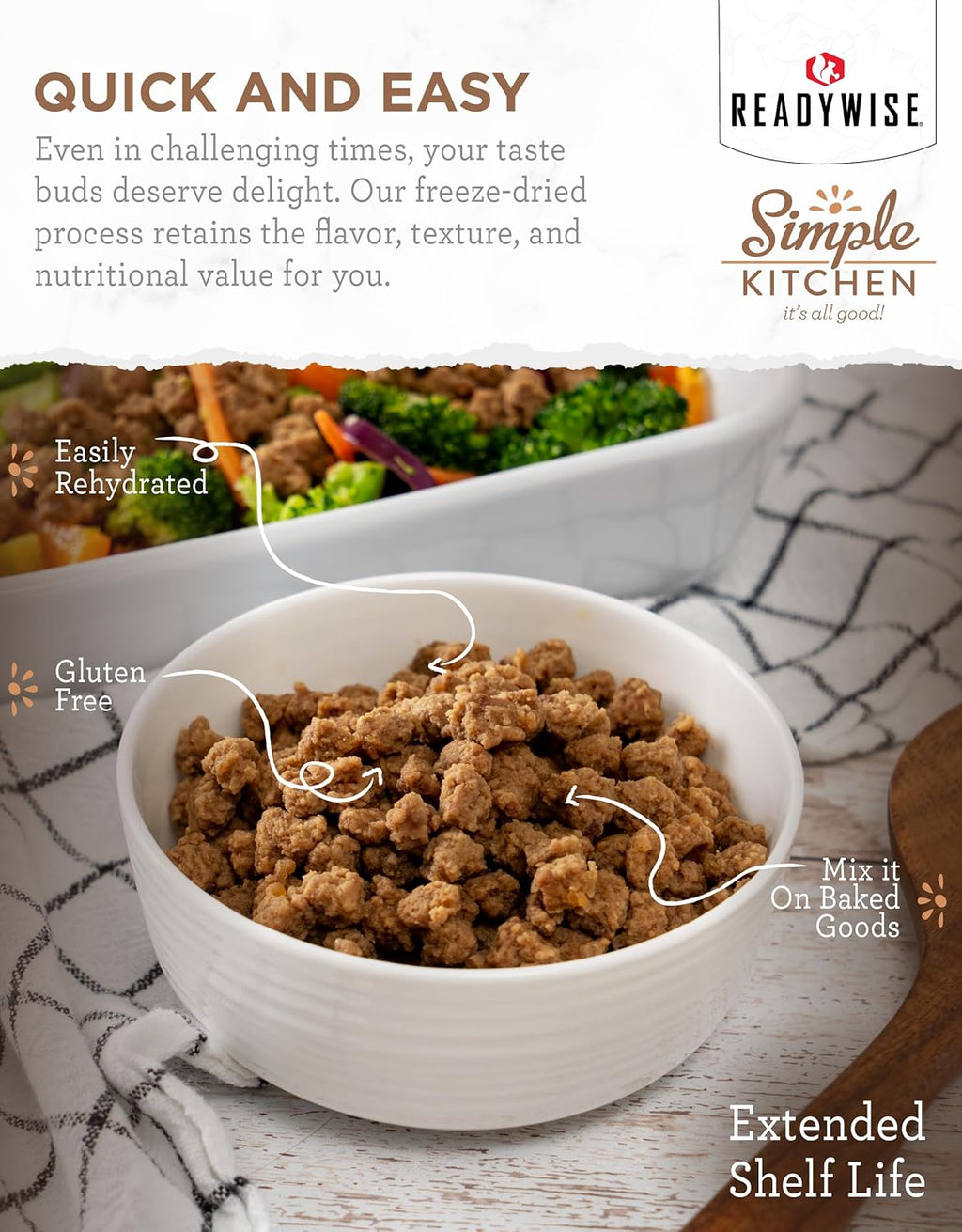 Simple Kitchen Seasoned Ground Beef Crumbles, 22 Servings – Freeze-Dried Meat for Emergency Food Supply, Long-Term