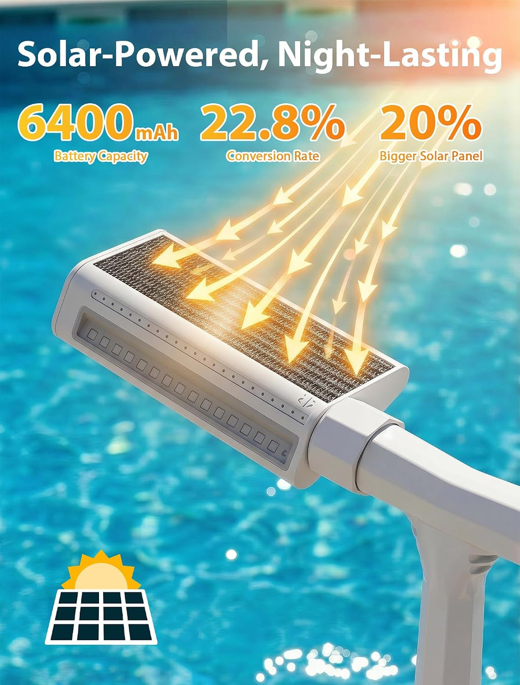 Solar Pool Fountain with Lights for Above Ground & Inground，White | Solar Powered Height Upgrade, 10-Color LED, 4
