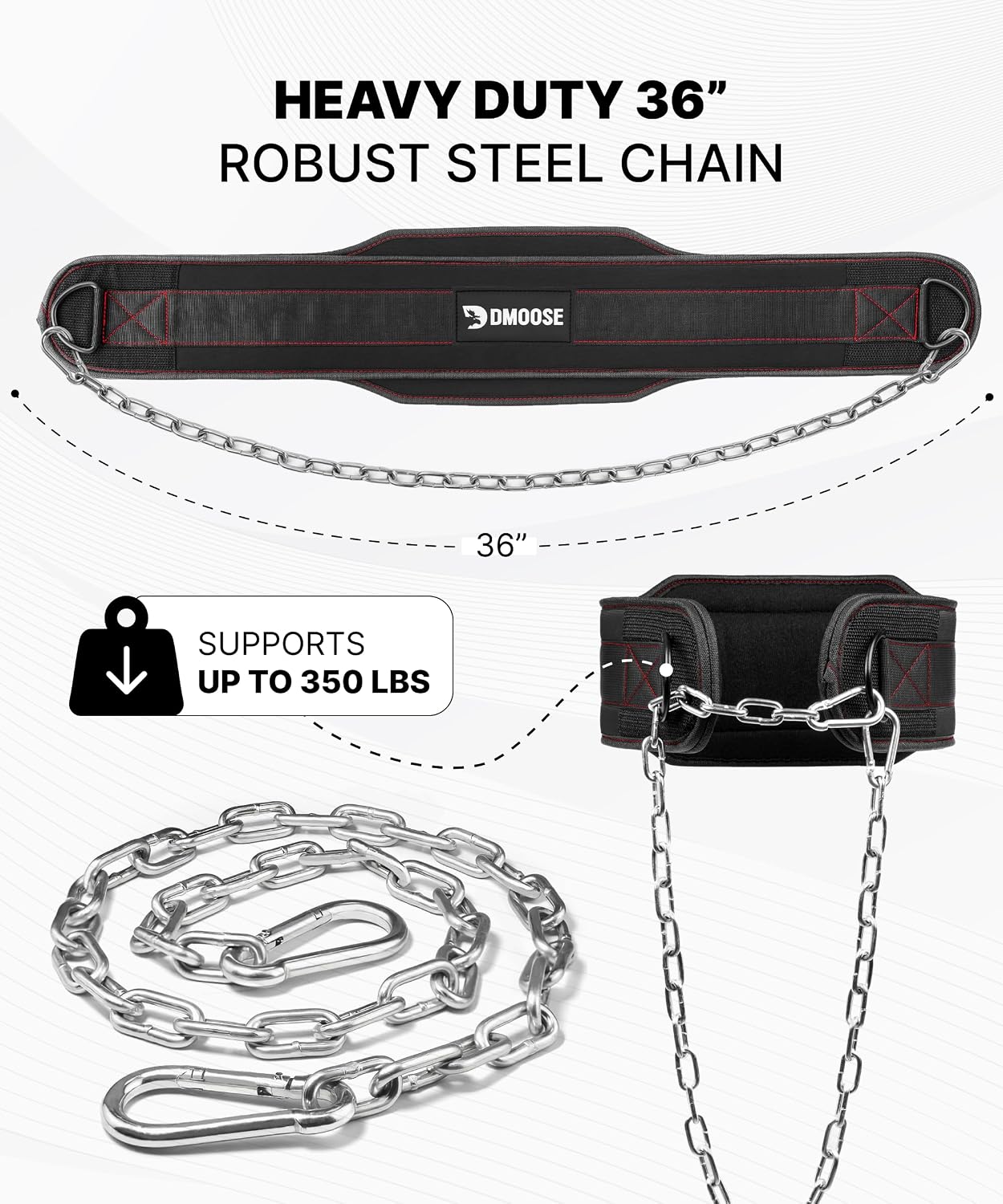 Dip Belt for Weight Lifting, Pullup, Squats & Dips - 36" Robust Steel Chain, Comfortable Neoprene Padding Supports