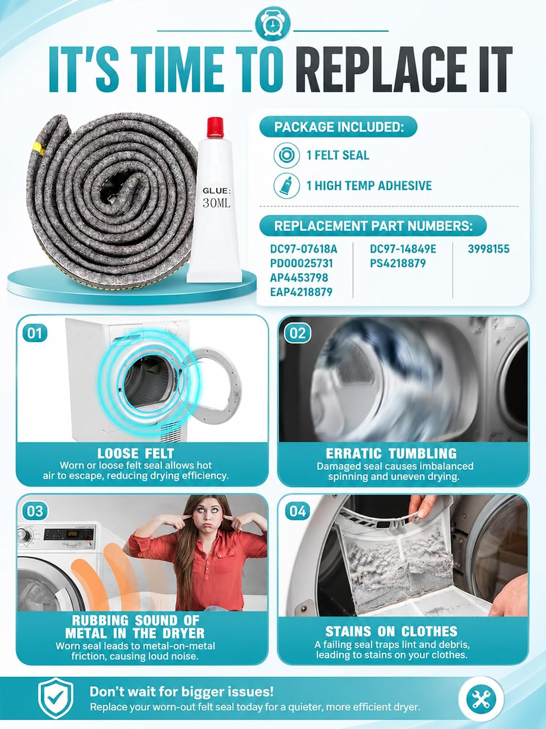Dryer Drum Felt Gasket Seal Repair Replacement Kit DC97-07618A Fit for Samsung DV42H5200EP/A3 DV50K8600EV/A3 DV52J8700GP/A2 DV50K7500EV/A3 DV45K7600EW/A3 DV48J7700EW/A2 DV45H6300EG/A3 & More