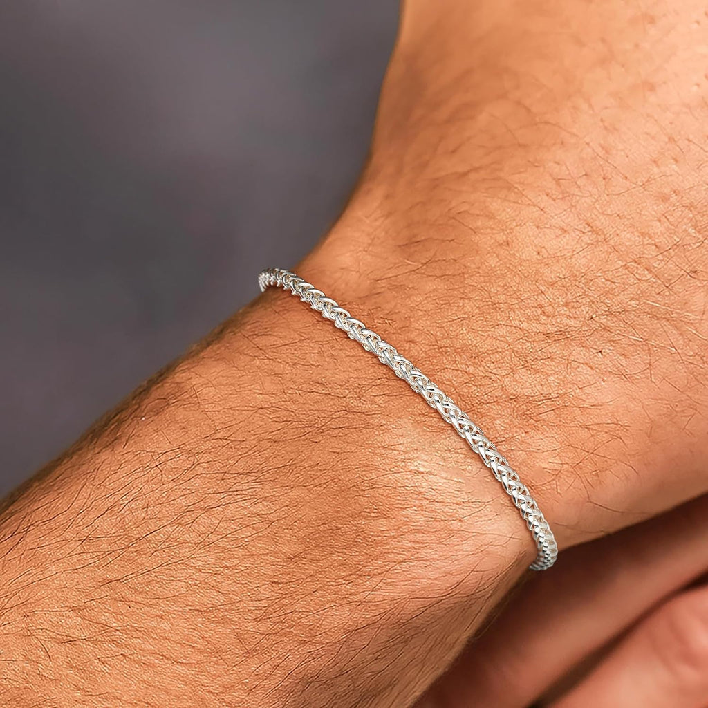925 Sterling Silver Bracelet for Men, 3MM Wheat Chain Bracelets | 3MM Wheat Chain Bracelets 7/7.5/8/9 Inches, Diamond