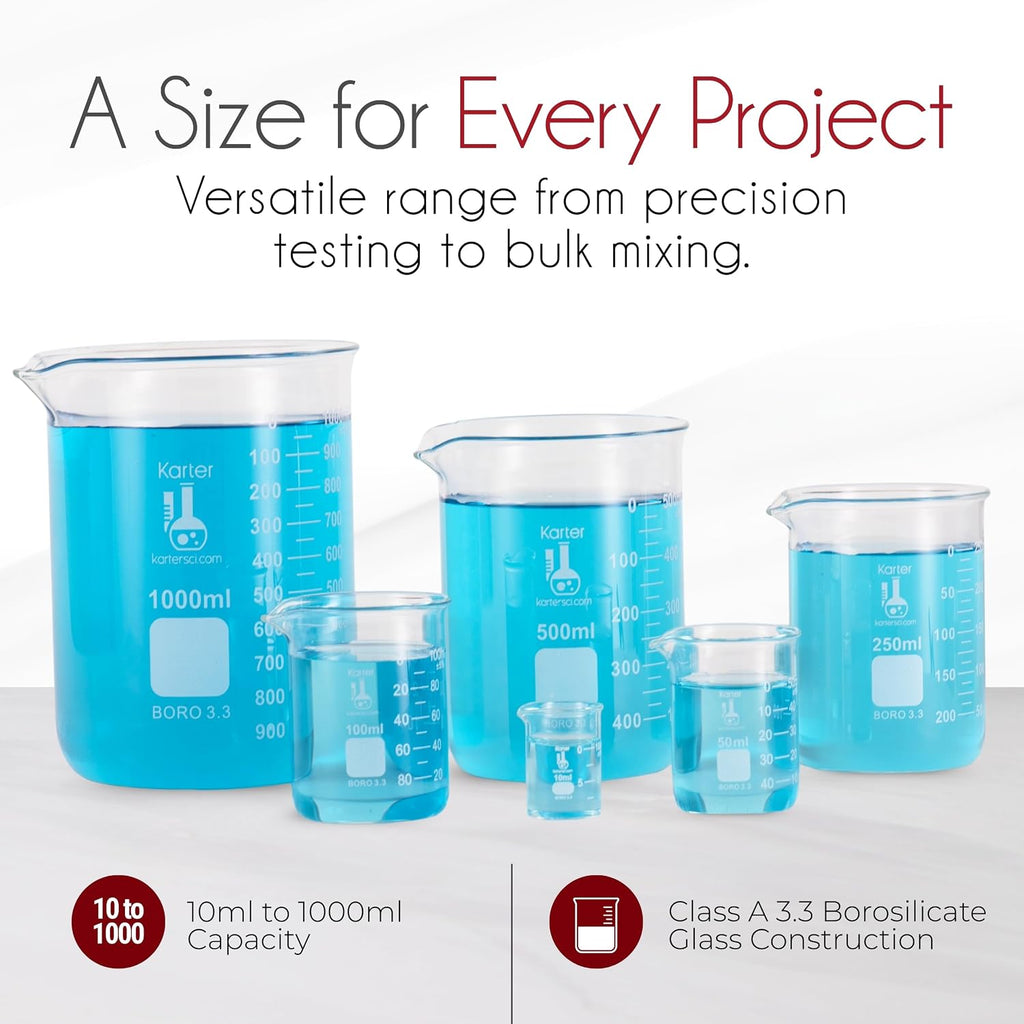 3.3 Boro, Griffin Low Form, Glass Beaker Set - 6 Sizes - 10ml, 50ml, 100ml, 250ml, 500ml, 1000ml
